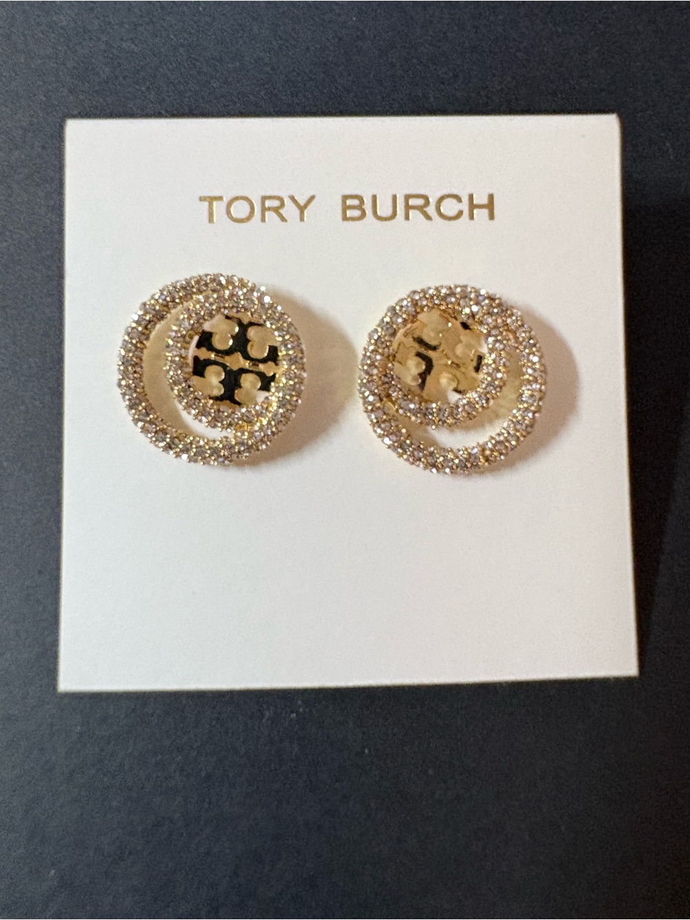 Tory Burch Gold Crystal Double-Ring Logo Studs